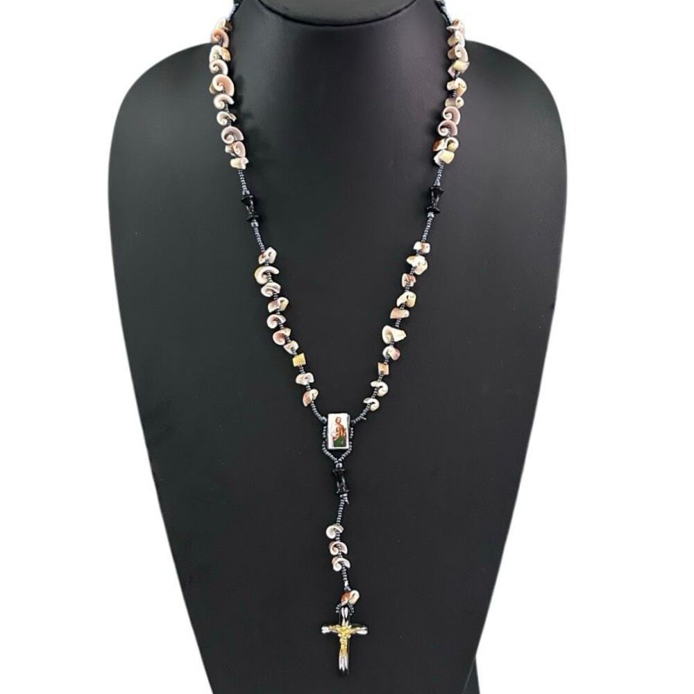 Vtg Shell Rosary Necklace 22” Shell With Metal Crucifix & Saint Jude Centerpiece
